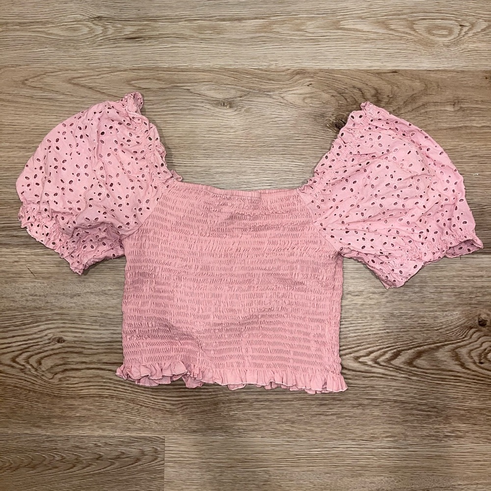 Pink lace peasant blouse with puff sleeves
